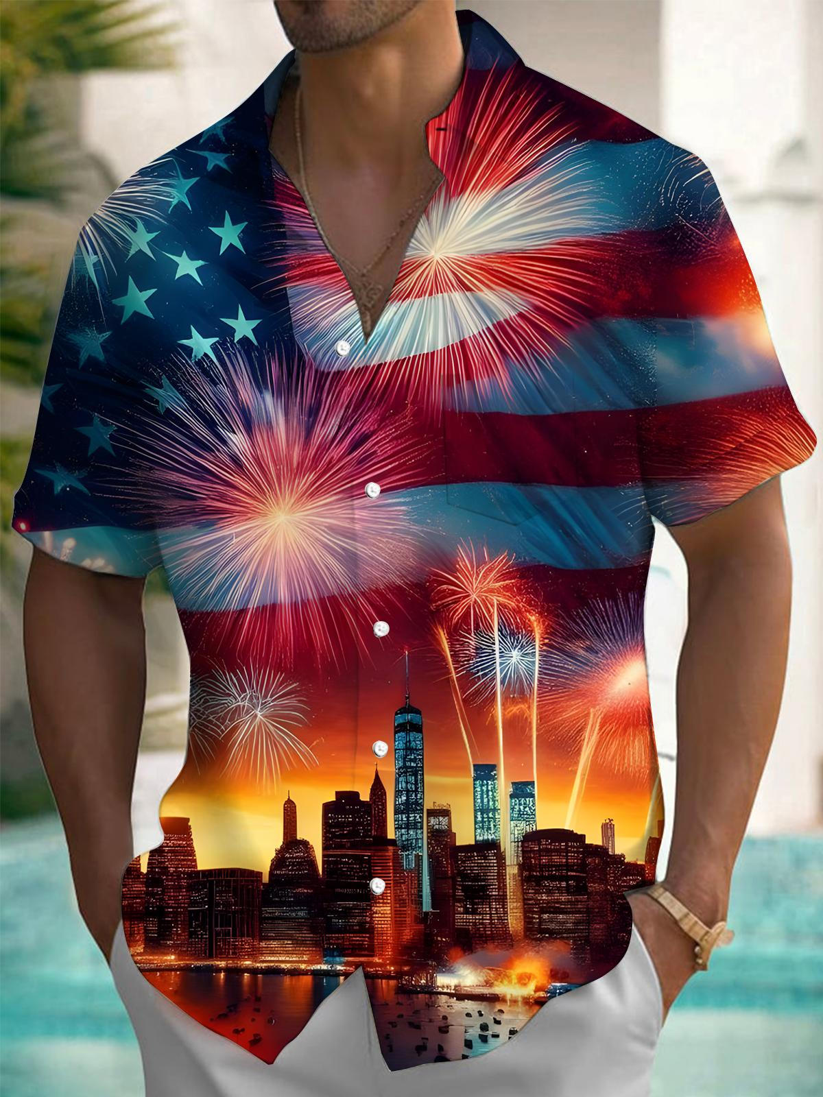 American Flag Independence Day Fireworks Night View Print Men's Pocket Short Sleeve Shirts