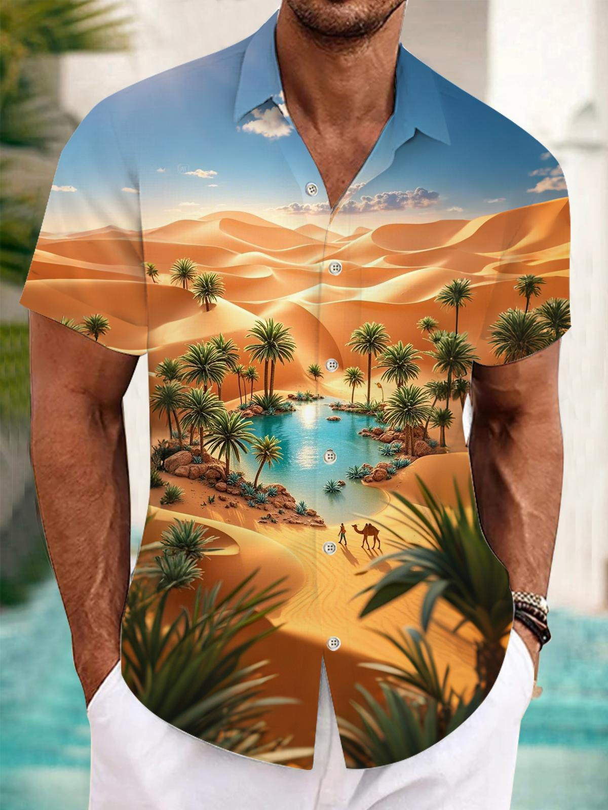Desert Oasis Print Men's Pocket Short Sleeve Shirts