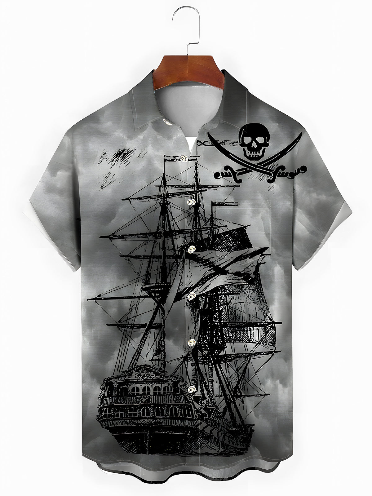 Dark Boat Skull Men's Pocket Short Sleeve Shirts