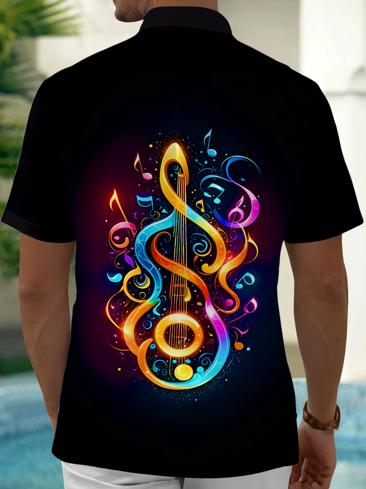 Treble Clef Music Notes Guitar Men's Pocket Short Sleeve Shirts