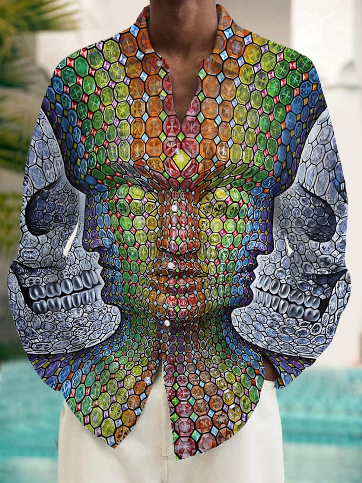 Abstract Skull Art Print Men's Pocket Long Sleeve Shirts