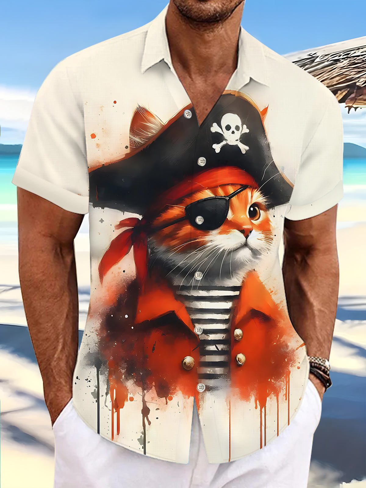 Pirate Cat Print Men's Pocket Short Sleeve Shirts
