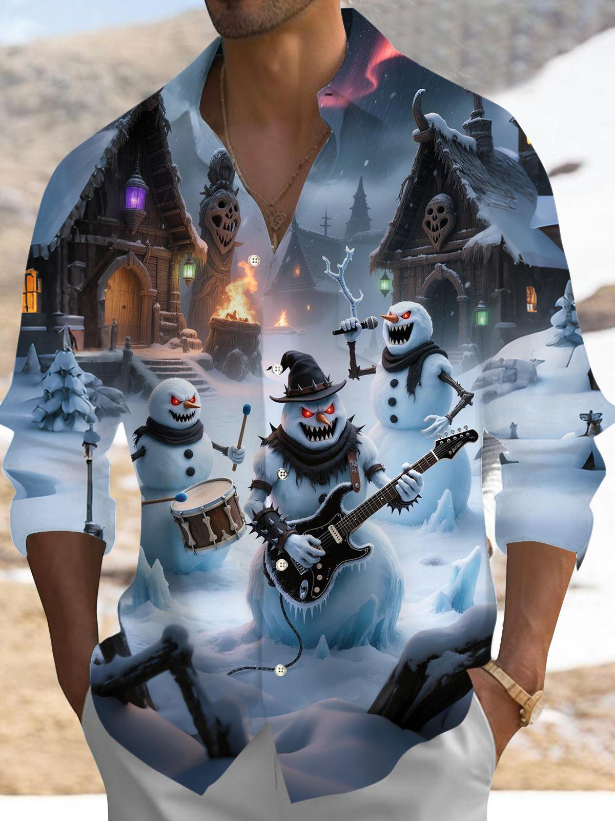 Winter Rock Snowman Print Men's Pocket Long Sleeve Shirts