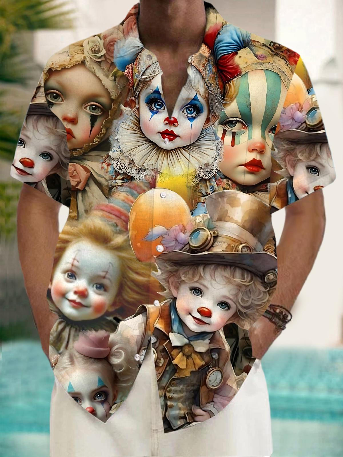 Vintage Clown Print Men's Pocket Short Sleeve Shirts