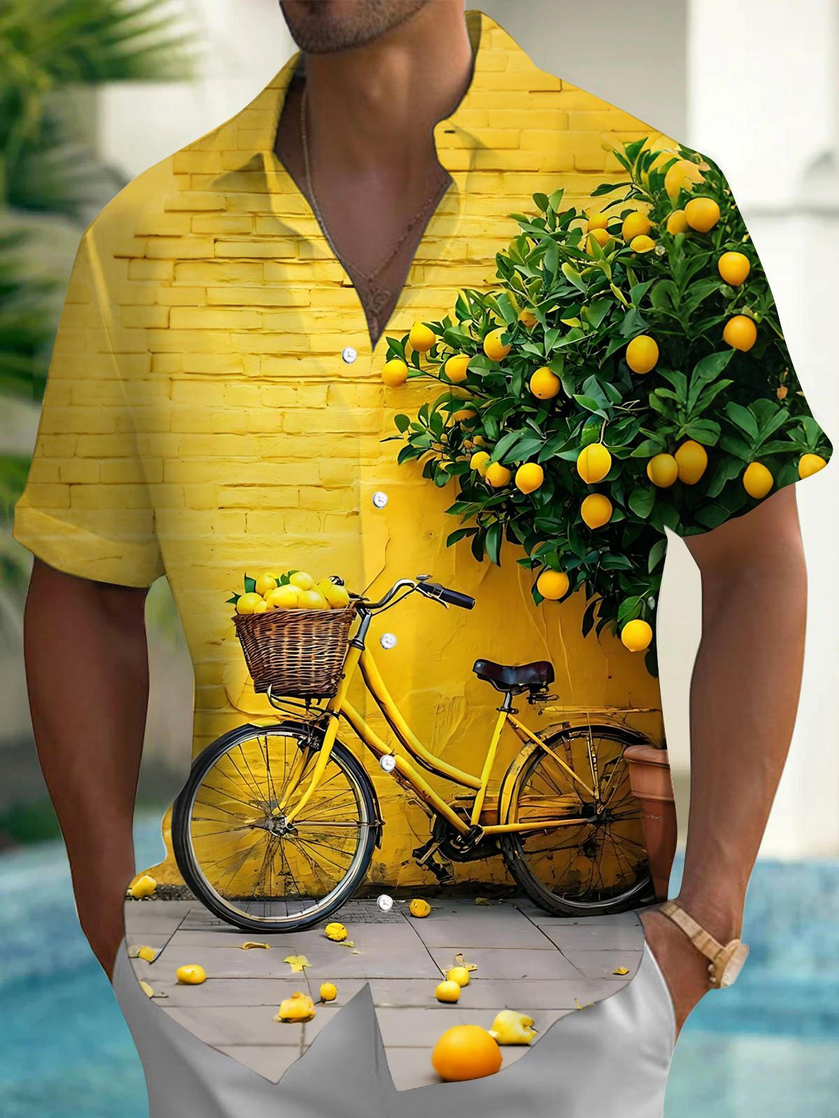 Bicycle Lemon Tree Print Men's Pocket Short Sleeve Shirts