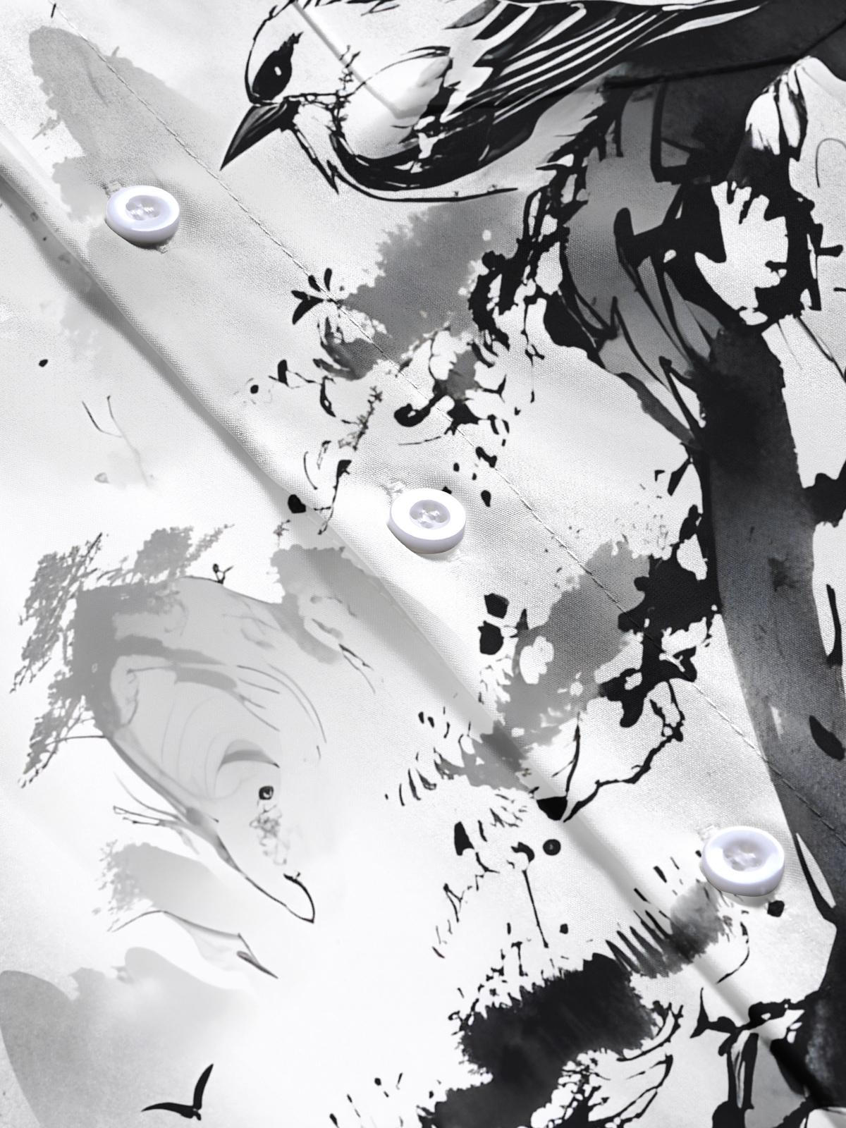 Plant Bird Ink Painting Art Print Men's Pocket Short Sleeve Shirts