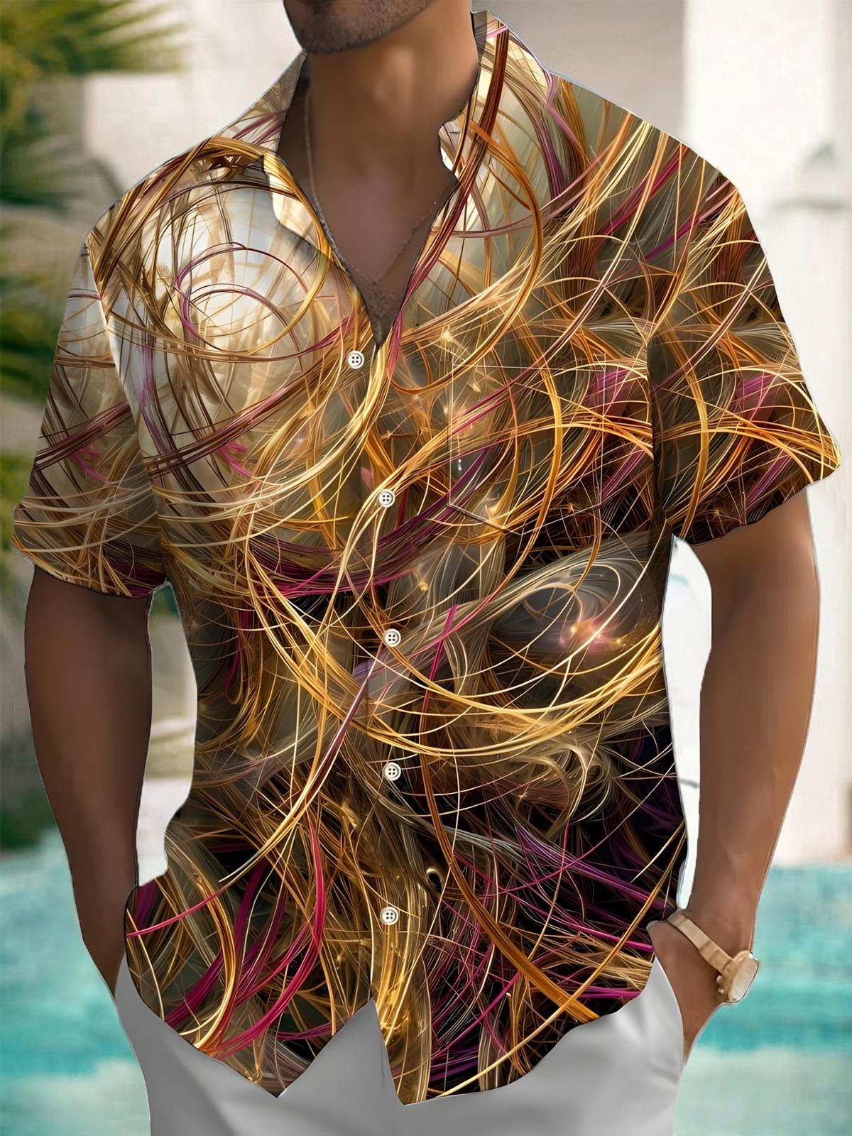 Abstract Line Print Men's Pocket Short Sleeve Shirts