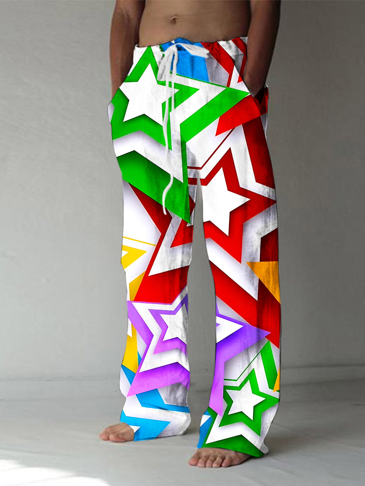 Colorful Star Print Men's Casual Elastic Waist Pants