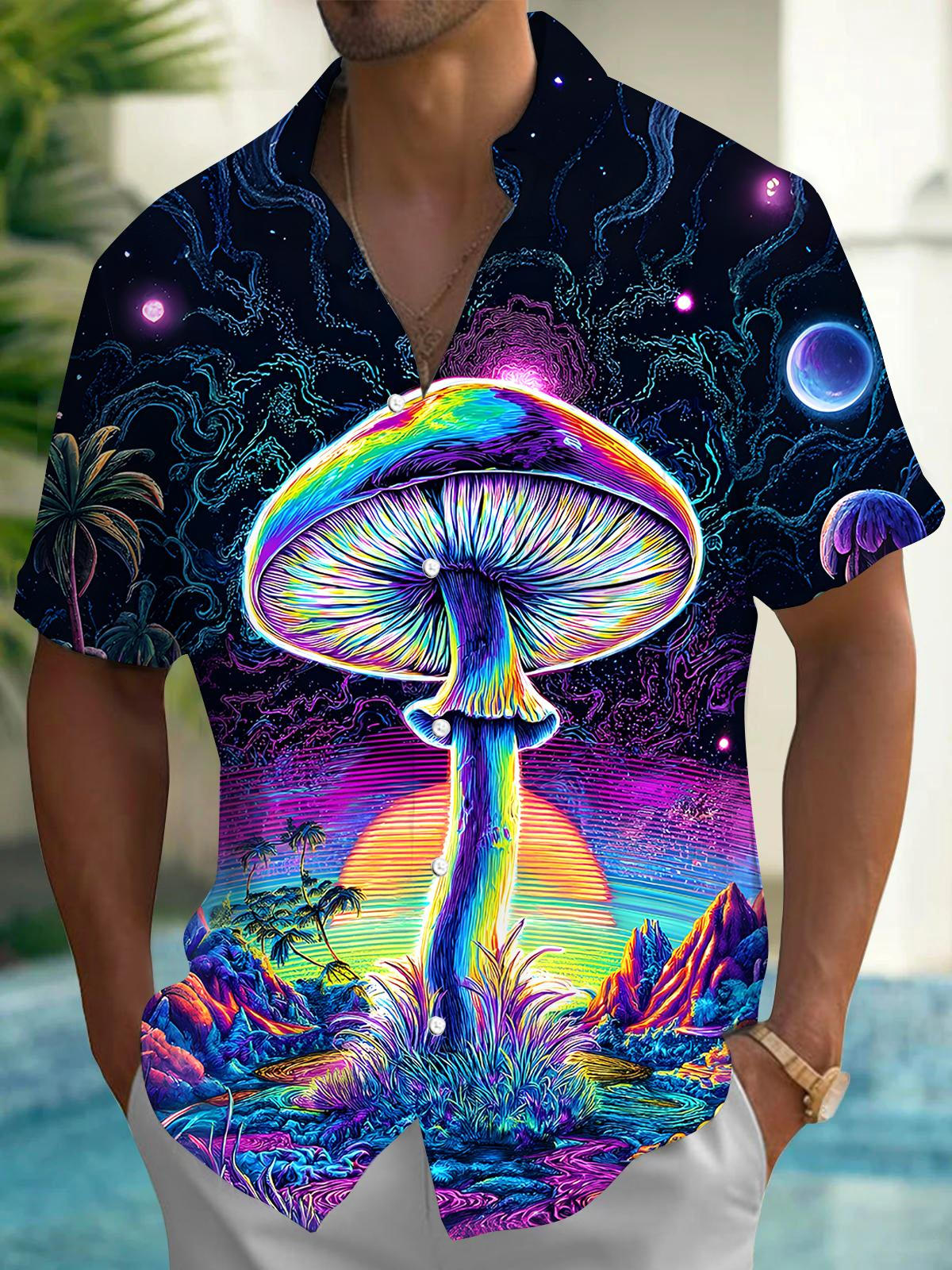 Mushroom Coconut Tree Men's Pocket Short Sleeve Shirts