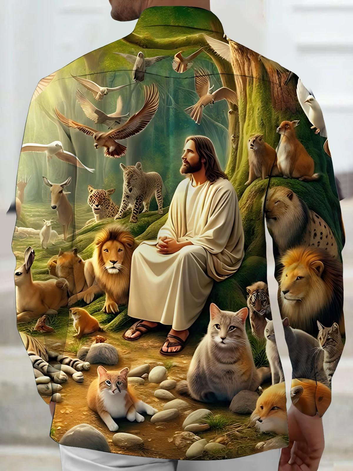 Forest Jesus Animal Print Men's Pocket Long Sleeve Shirts