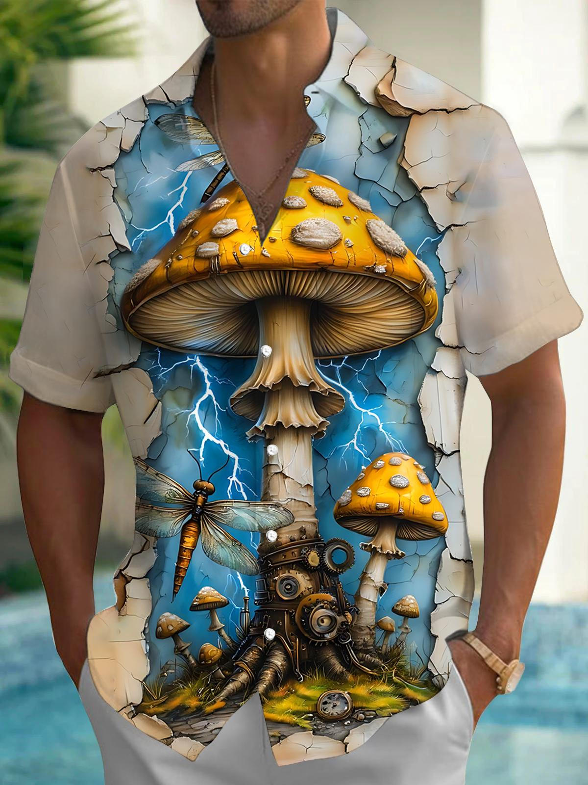 Mushroom Dragonfly Print Men's Pocket Short Sleeve Shirts
