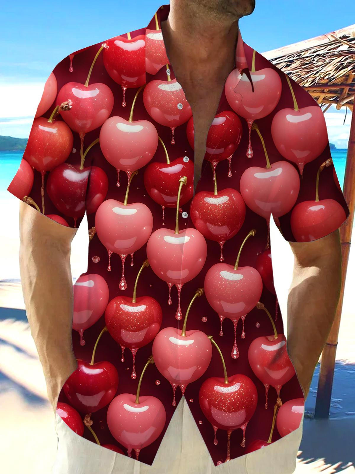 Cherry Print Men's Pocket Short Sleeve Shirts