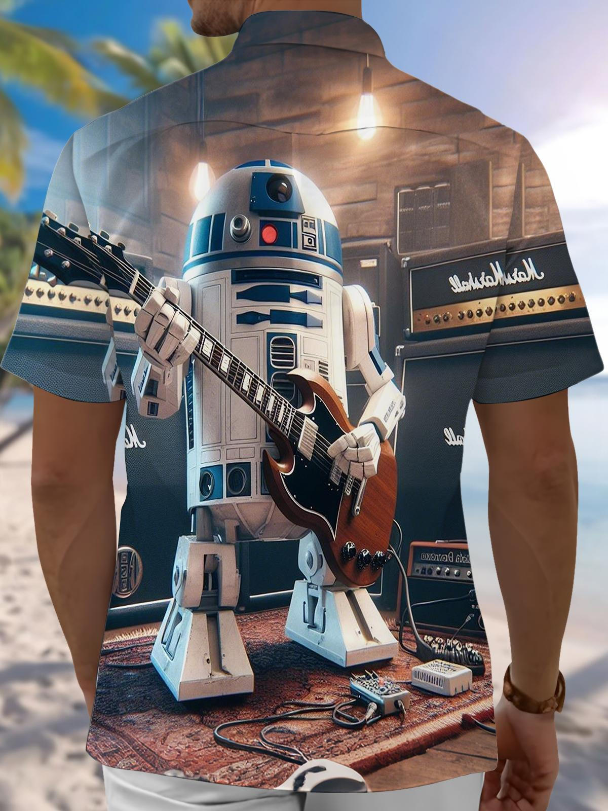 Robot Guitar Print Men's Pocket Short Sleeve Shirts