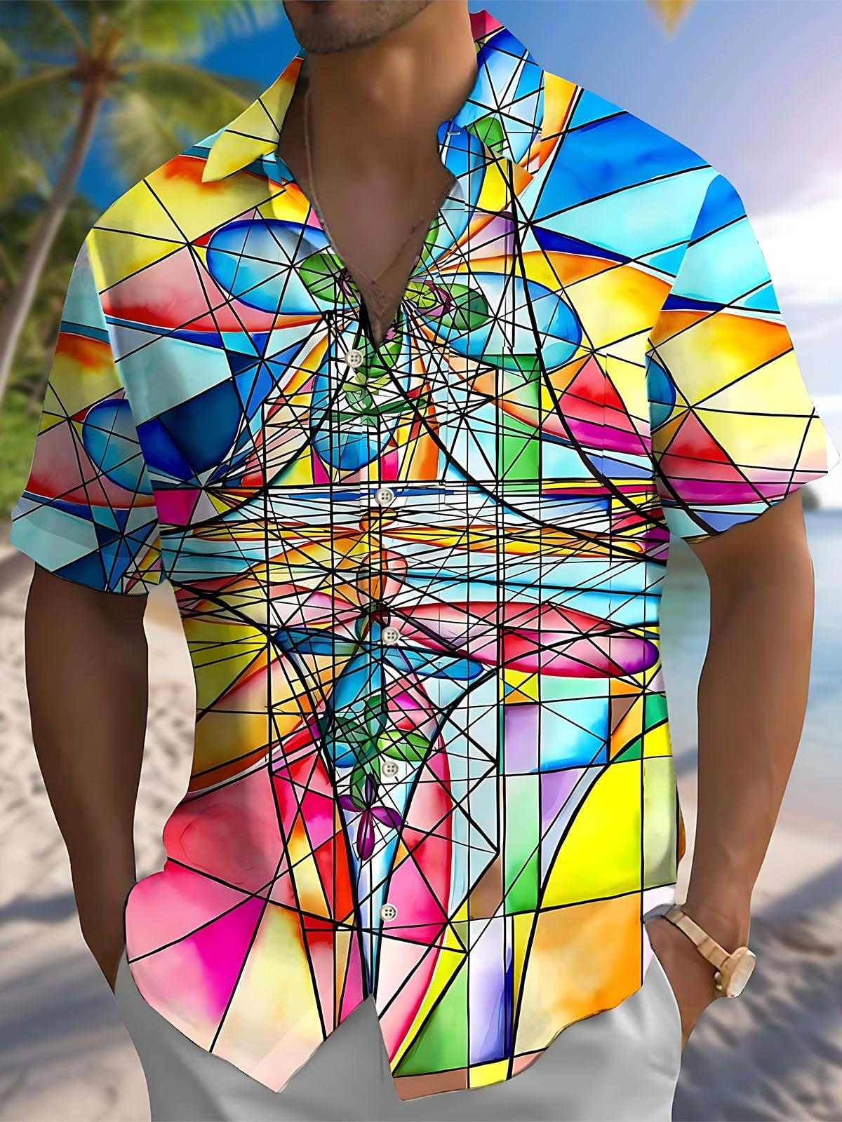 Abstract Geometric Line Print Men's Pocket Short Sleeve Shirts