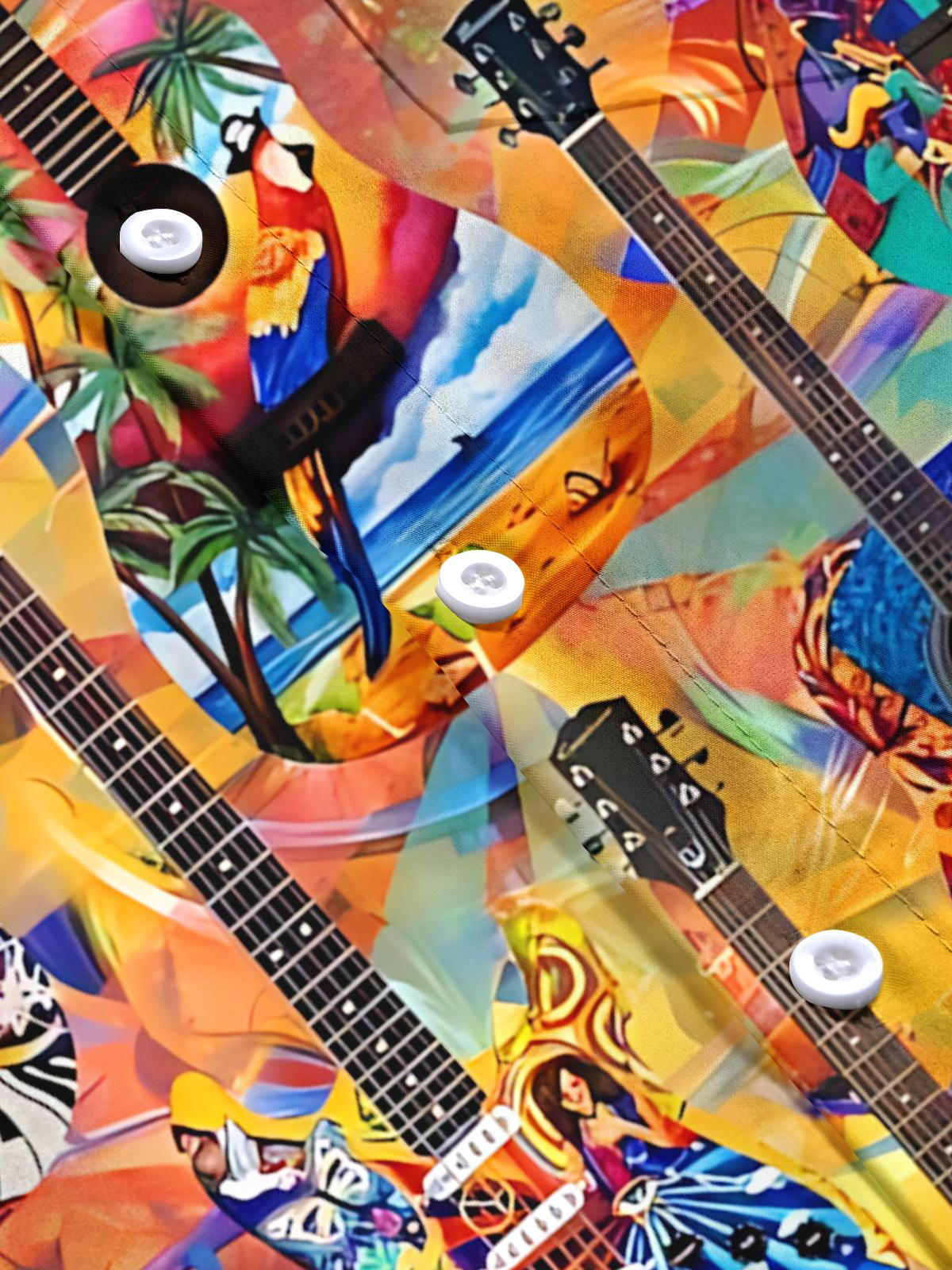 Hawaiian Guitar Print Men's Pocket Short Sleeve Shirts