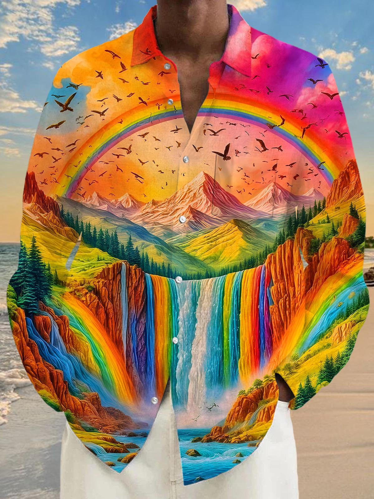 Rainbow Mountain Waterfall Birds Men's Pocket Long Sleeve Shirts