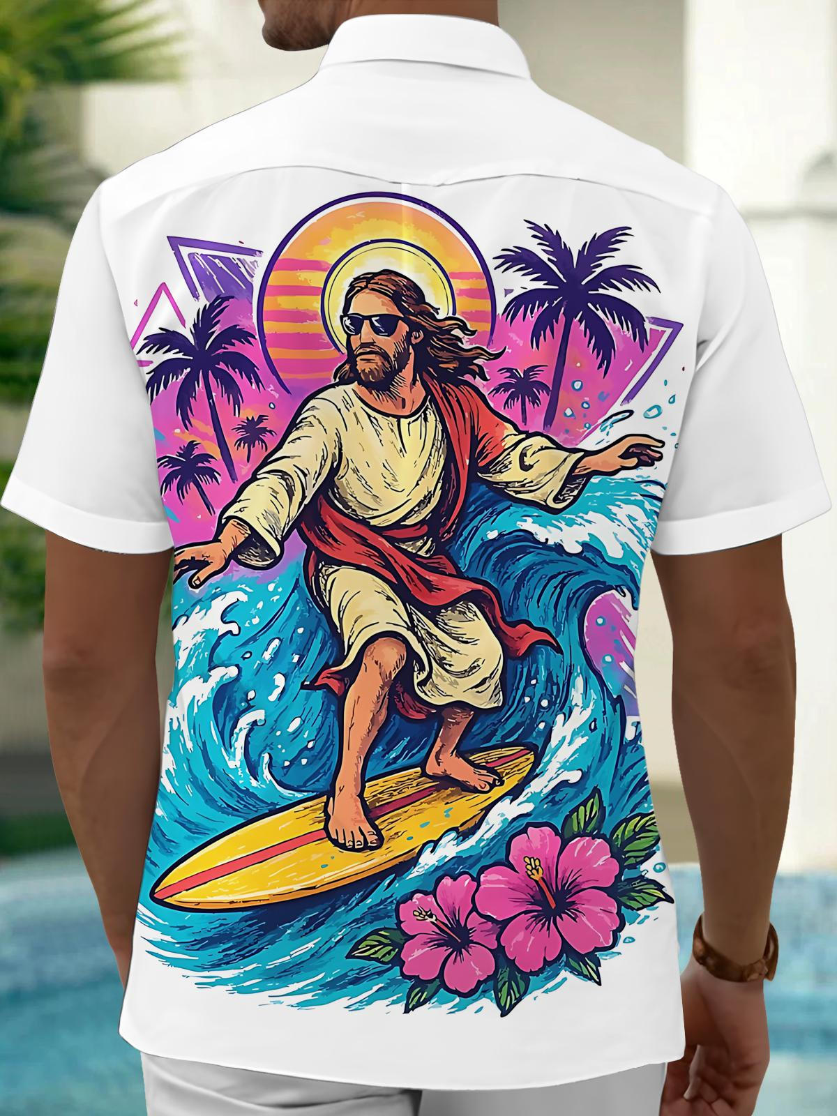 Hawaiian Jesus Surfing Print Men's Pocket Short Sleeve Shirts