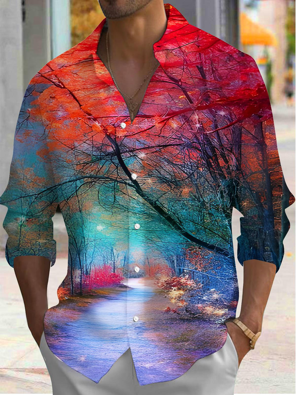 Art Gradient Forest Path Men's Pocket Long Sleeve Shirts
