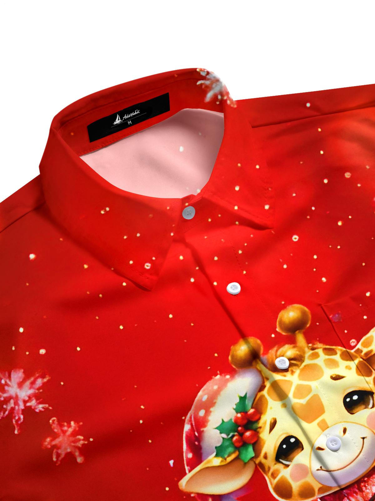 Fun Christmas Lights Snowflakes Giraffe Xmas Men's Pocket Short Sleeve Shirts