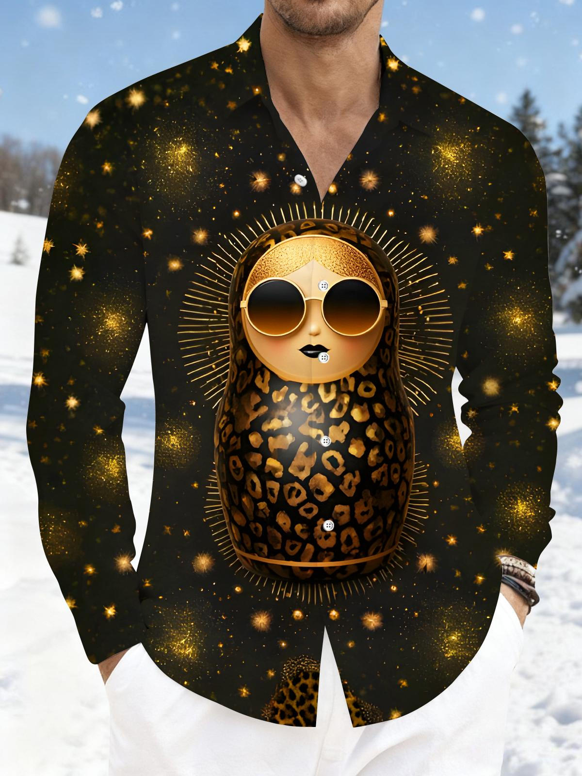 Dark Gold Russian Nesting Dolls Men's Pocket Long Sleeve Shirts