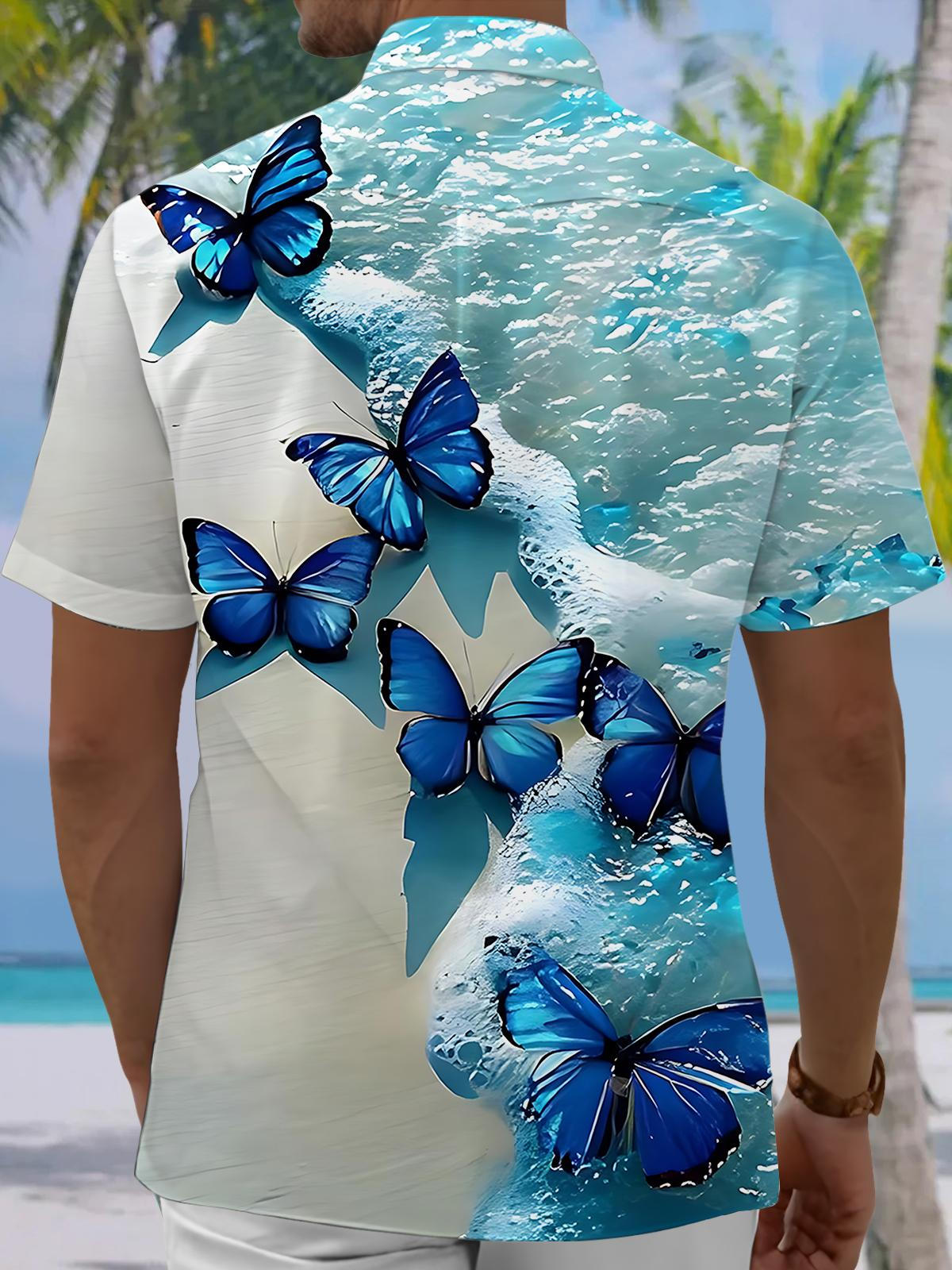Butterfly Seawater Print Men's Pocket Short Sleeve Shirts