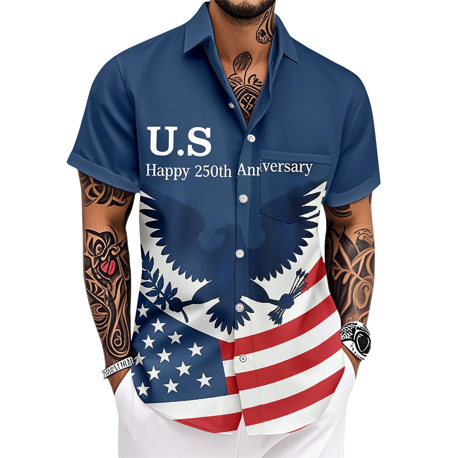 Patriotic Hawaiian Shirts for Men 250 Years Eagle Flag Patriotic Button Up Shirt Hawaiian Outfit for Parade sweetie