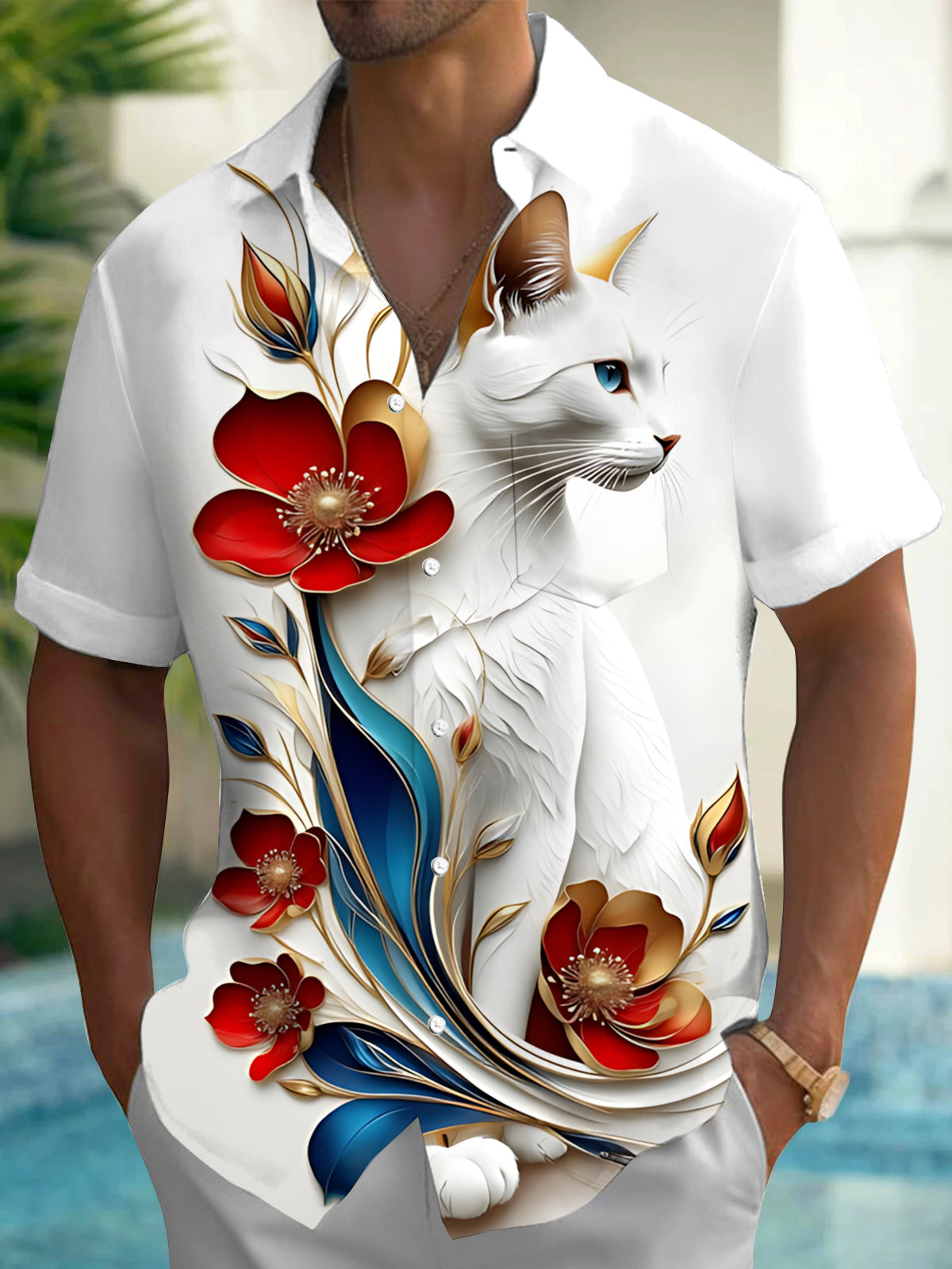 Cat Floral Print Men's Pocket Short Sleeve Shirts