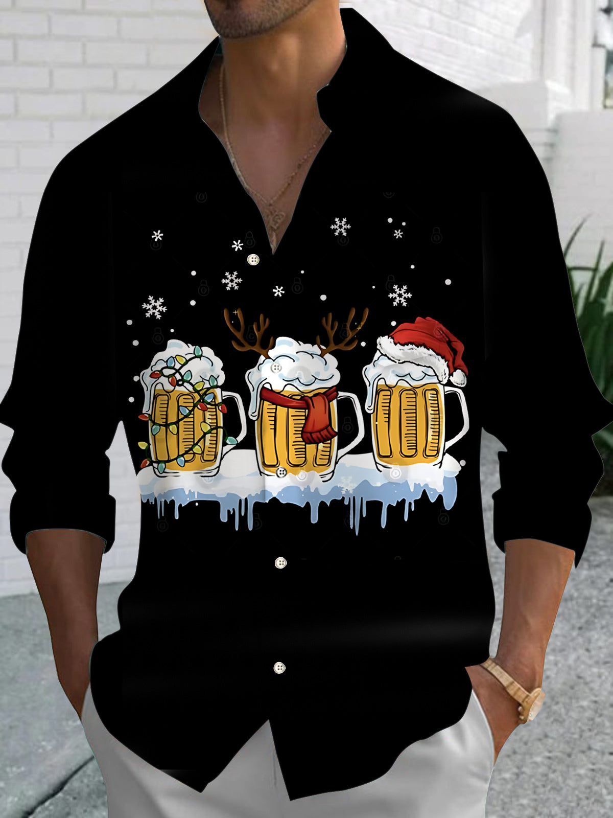 Christmas Beer Snowflake Print Men's Pocket Long Sleeve Shirts