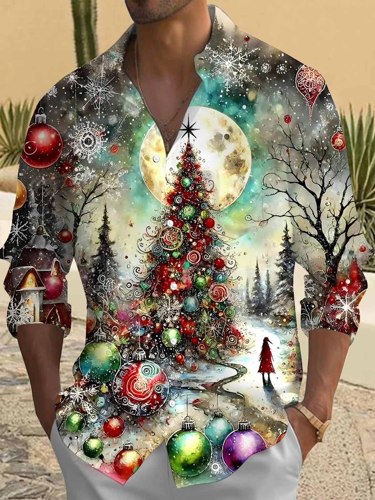 Christmas Tree Men's Pocket Long Sleeve Shirts