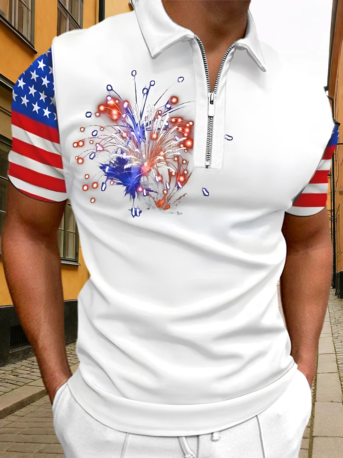 American Flag Fireworks Men's Short Sleeve Zipper Polo