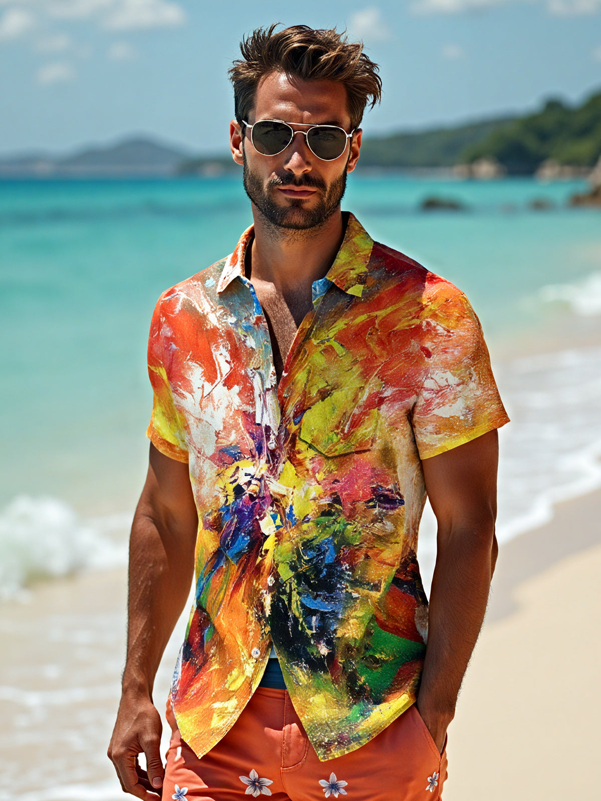 Art Hawaiian Casual Retro Short Sleeve Men's Shirts With Pocket