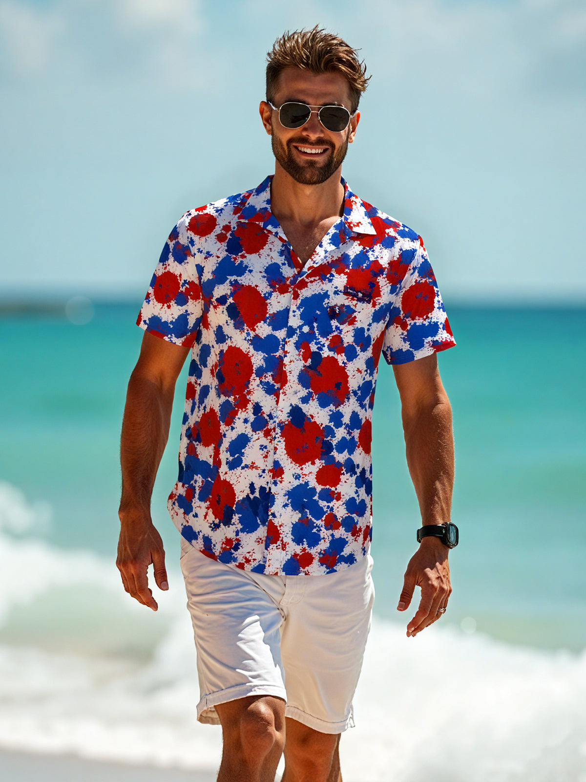 Independence Day Ink Splash Print Men's Pocket Short Sleeve Shirts