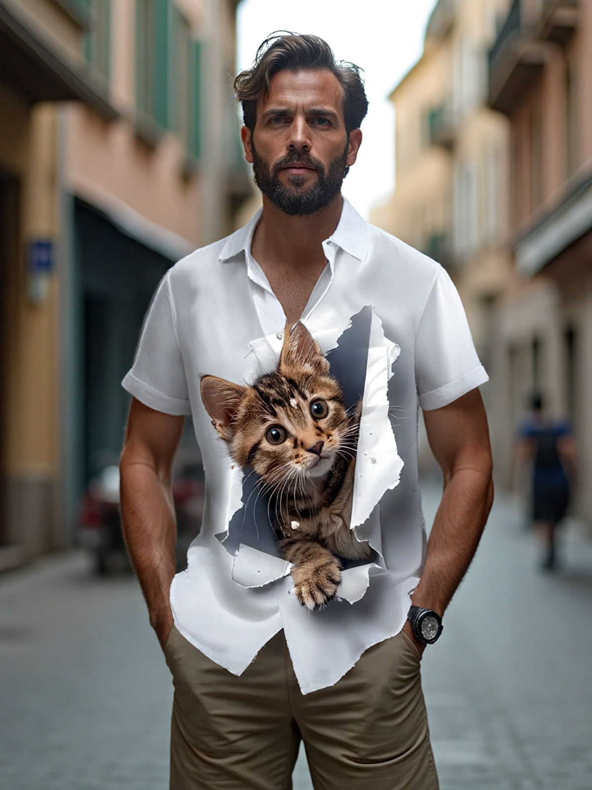 Cat Print Men's Pocket Short Sleeve Shirts