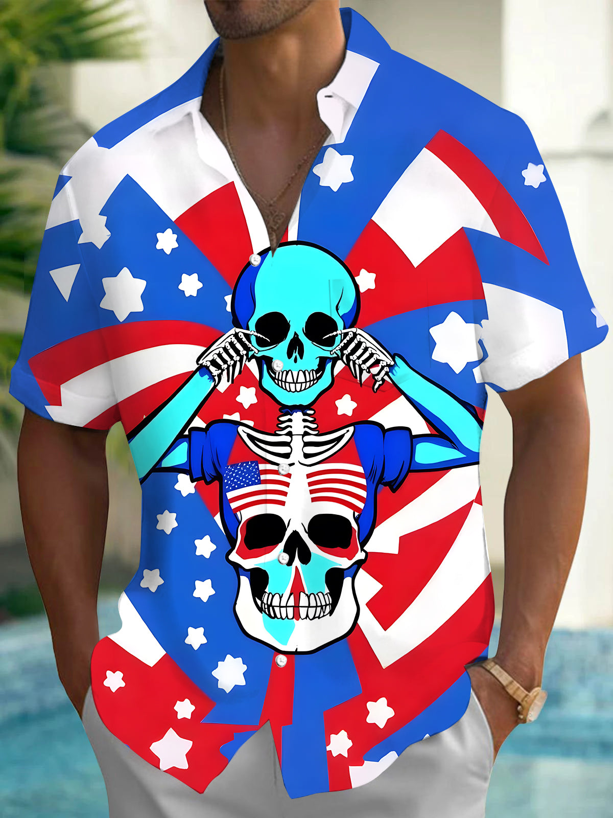 Independence Day Skull Men's Pocket Short Sleeve Shirts