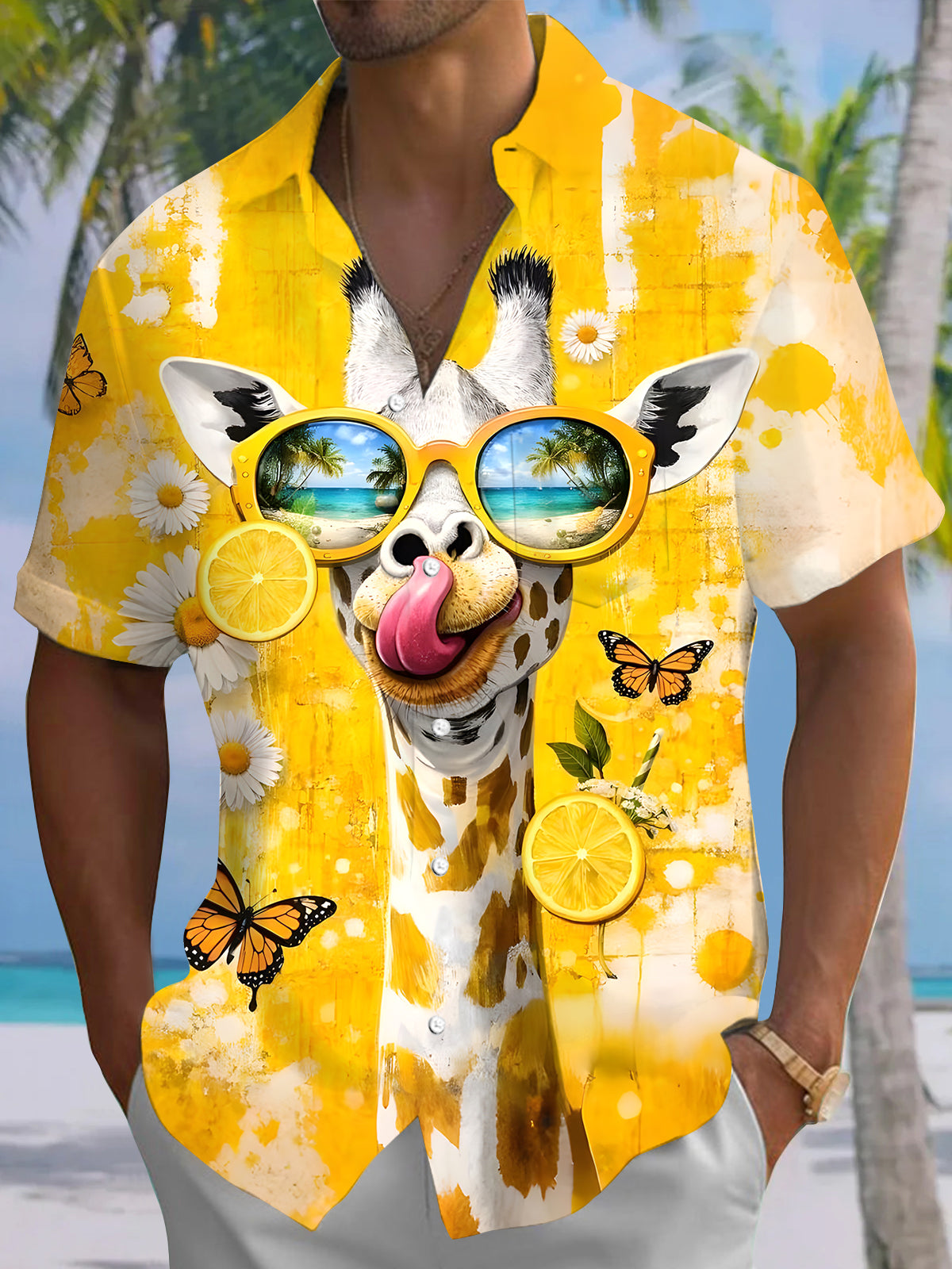 Hawaiian Giraffe Men's Pocket Short Sleeve Shirts