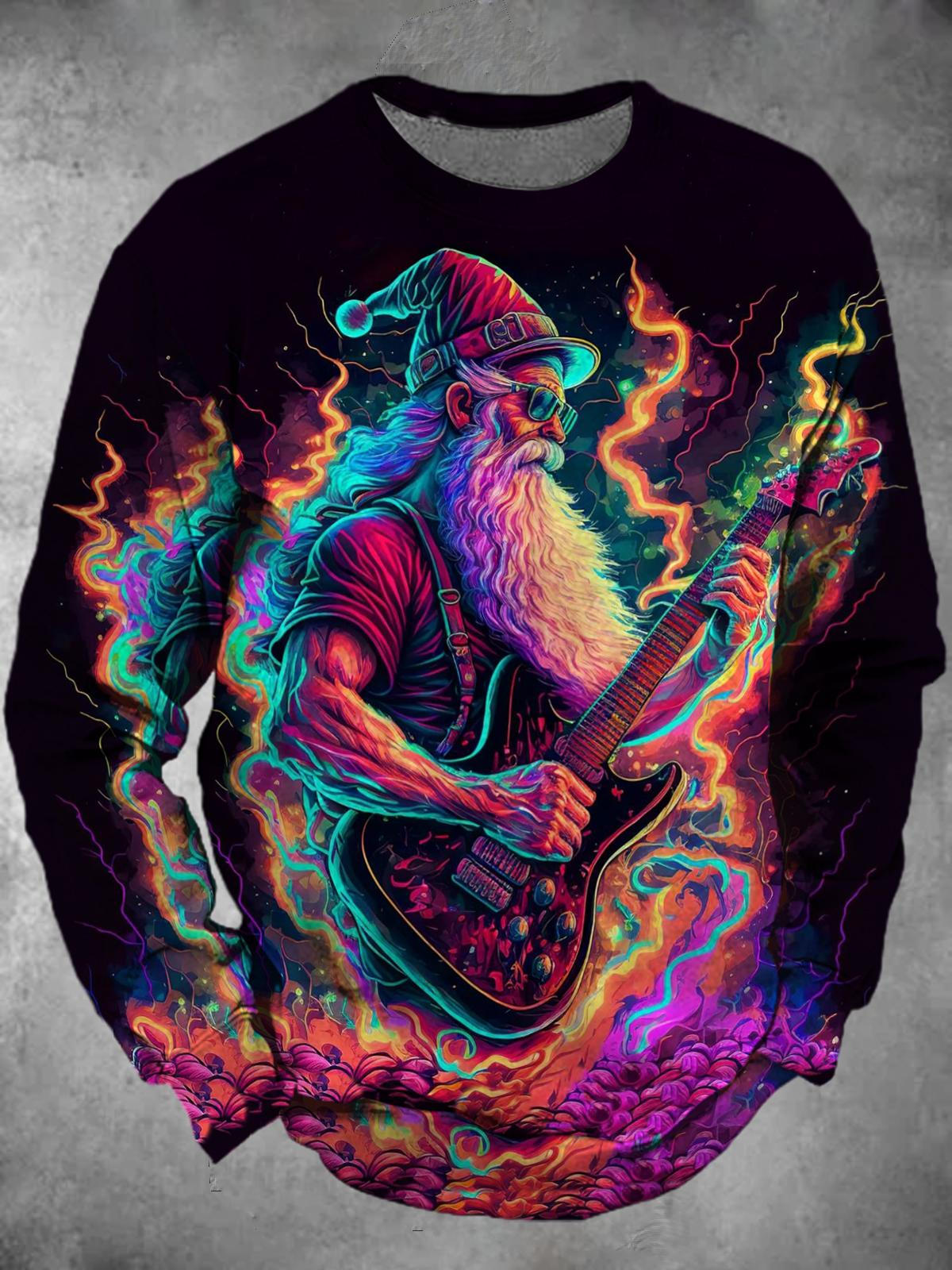 Santa Claus Guitar Round Neck Long Sleeve Men's Top