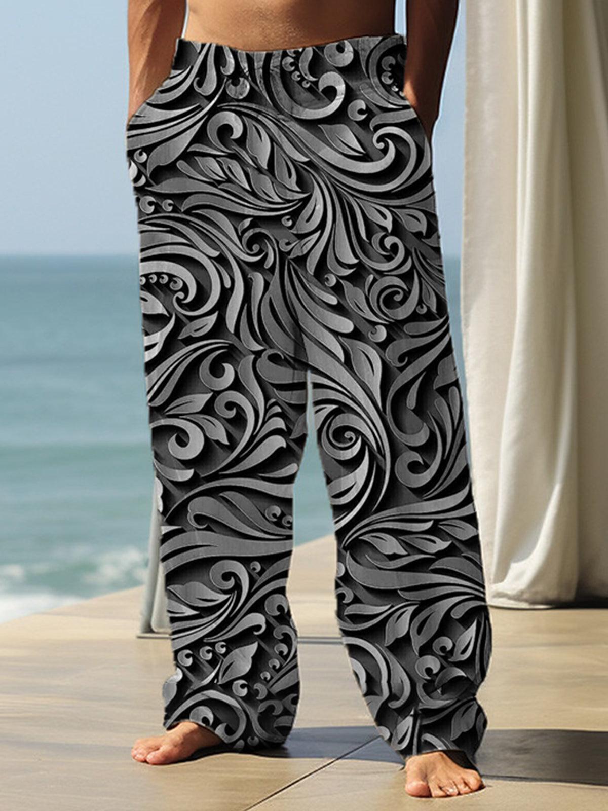 Resort Style Three-Dimensional Pattern Printed Men's Casual Elastic Waist Trousers