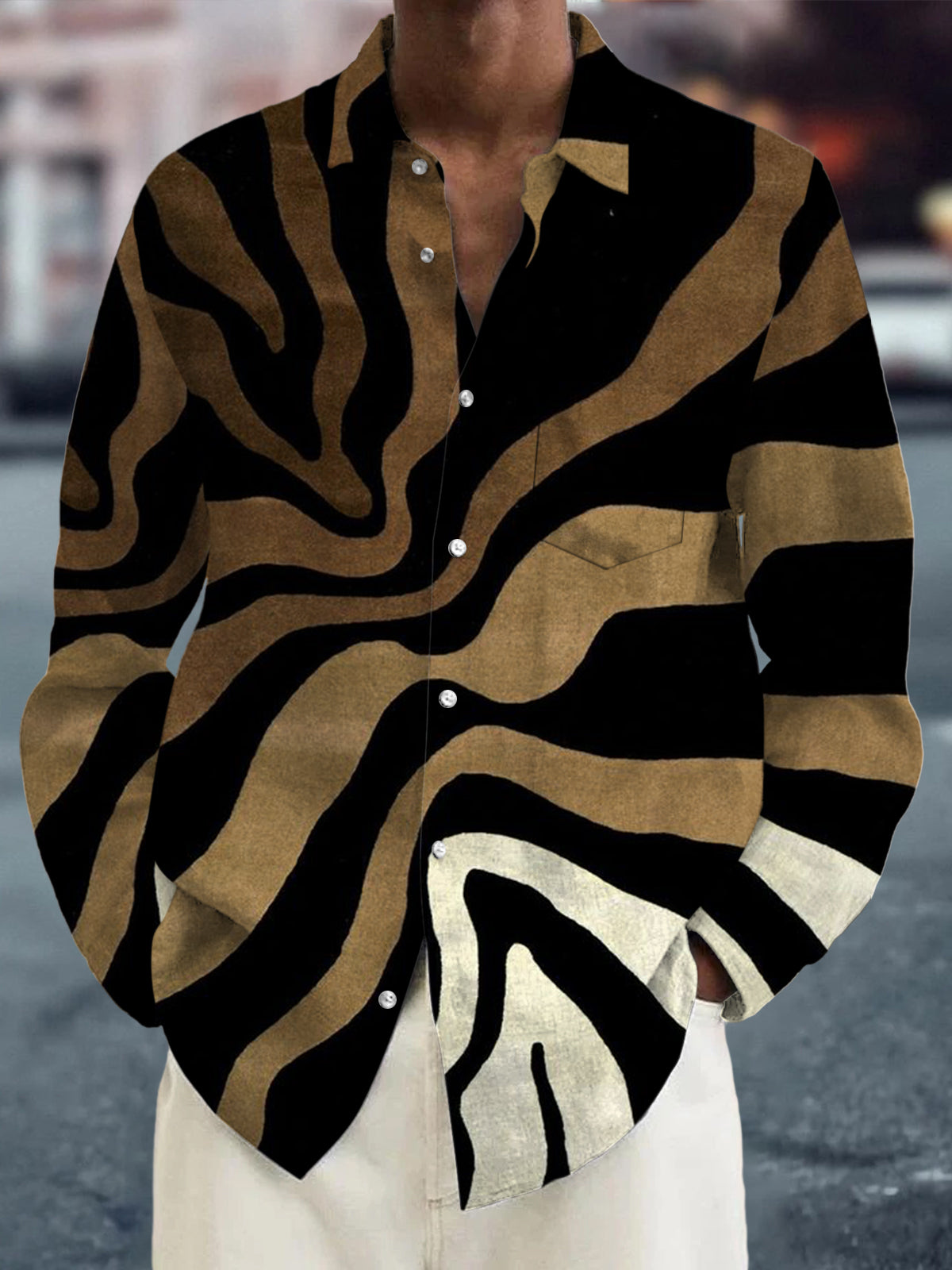 Abstract Color Block Print Long Sleeve Men's Shirts With Pocket