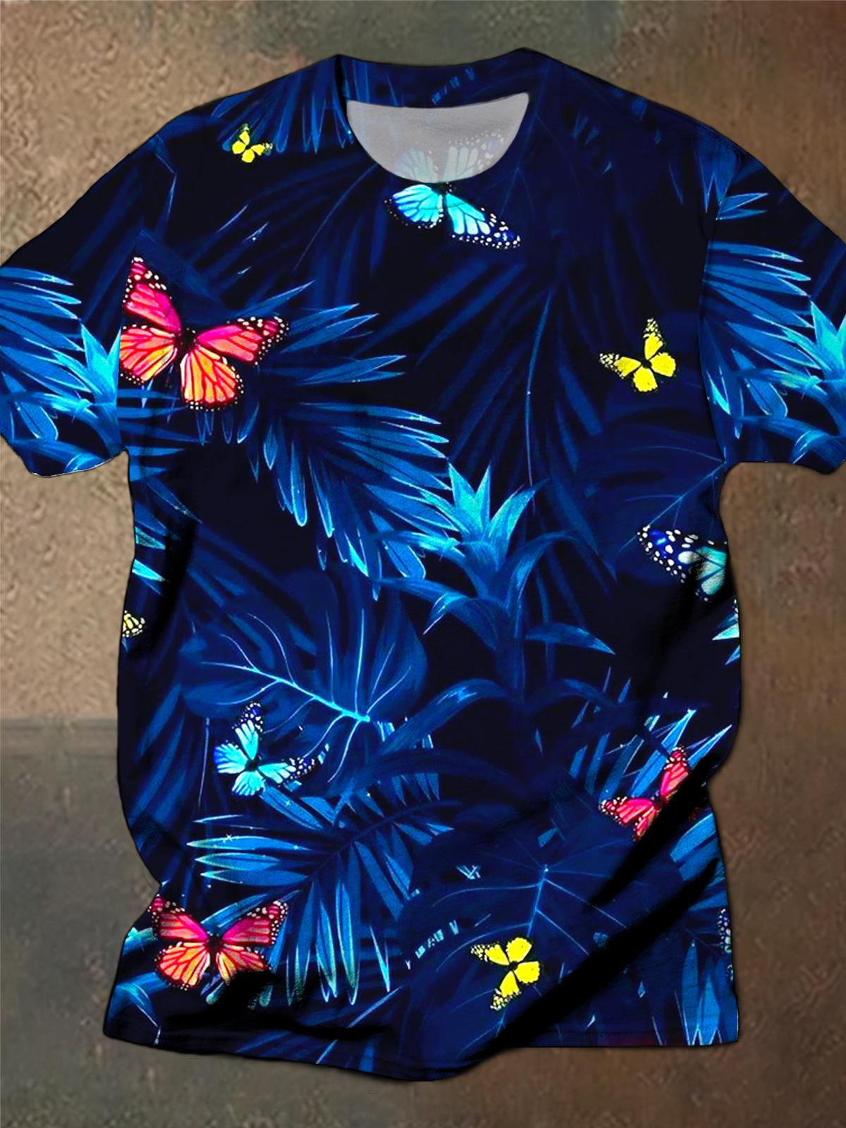 Butterfly Tropical Print Art Hawaiian Casual Retro Round Neck Short Sleeve Men's T-shirt