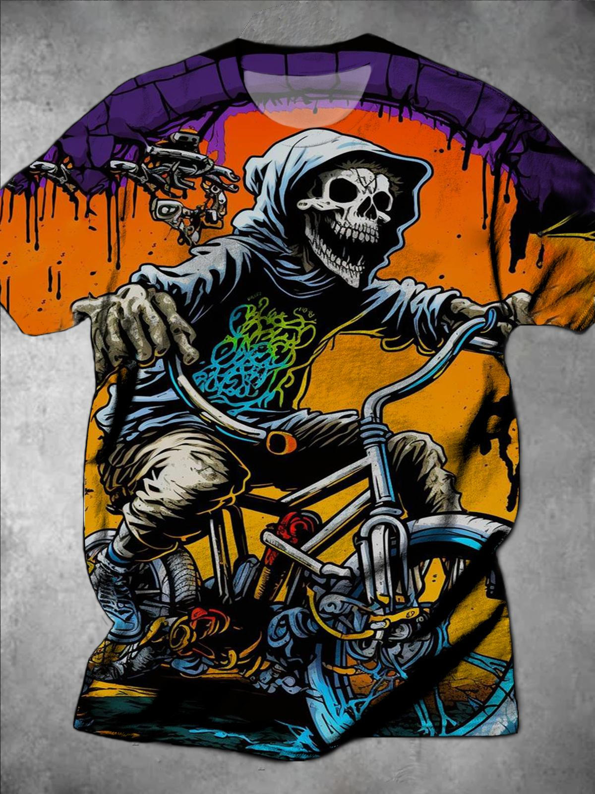 Skull Bicycle Print Round Neck Short Sleeve Men's T-shirt