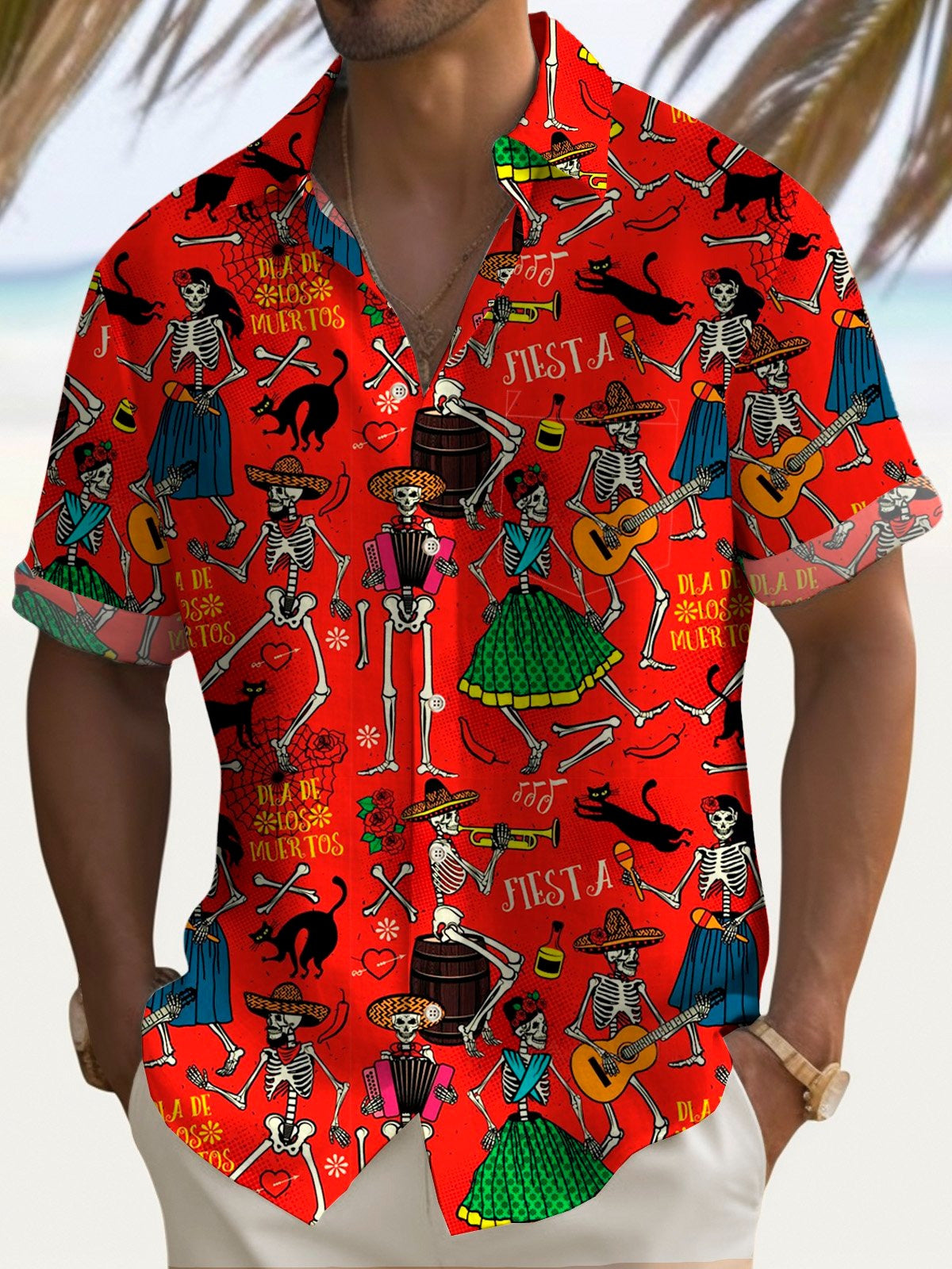 Skull Music Print Short Sleeve Men's Shirts With Pocket