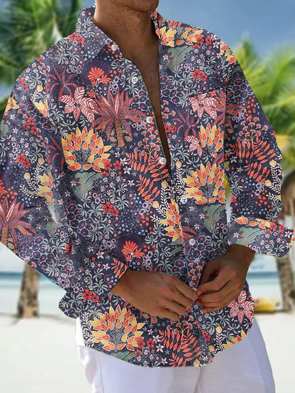 Men's Vintage Shirt Regular Fit Long Sleeve Square Neck Floral Cotton Blend