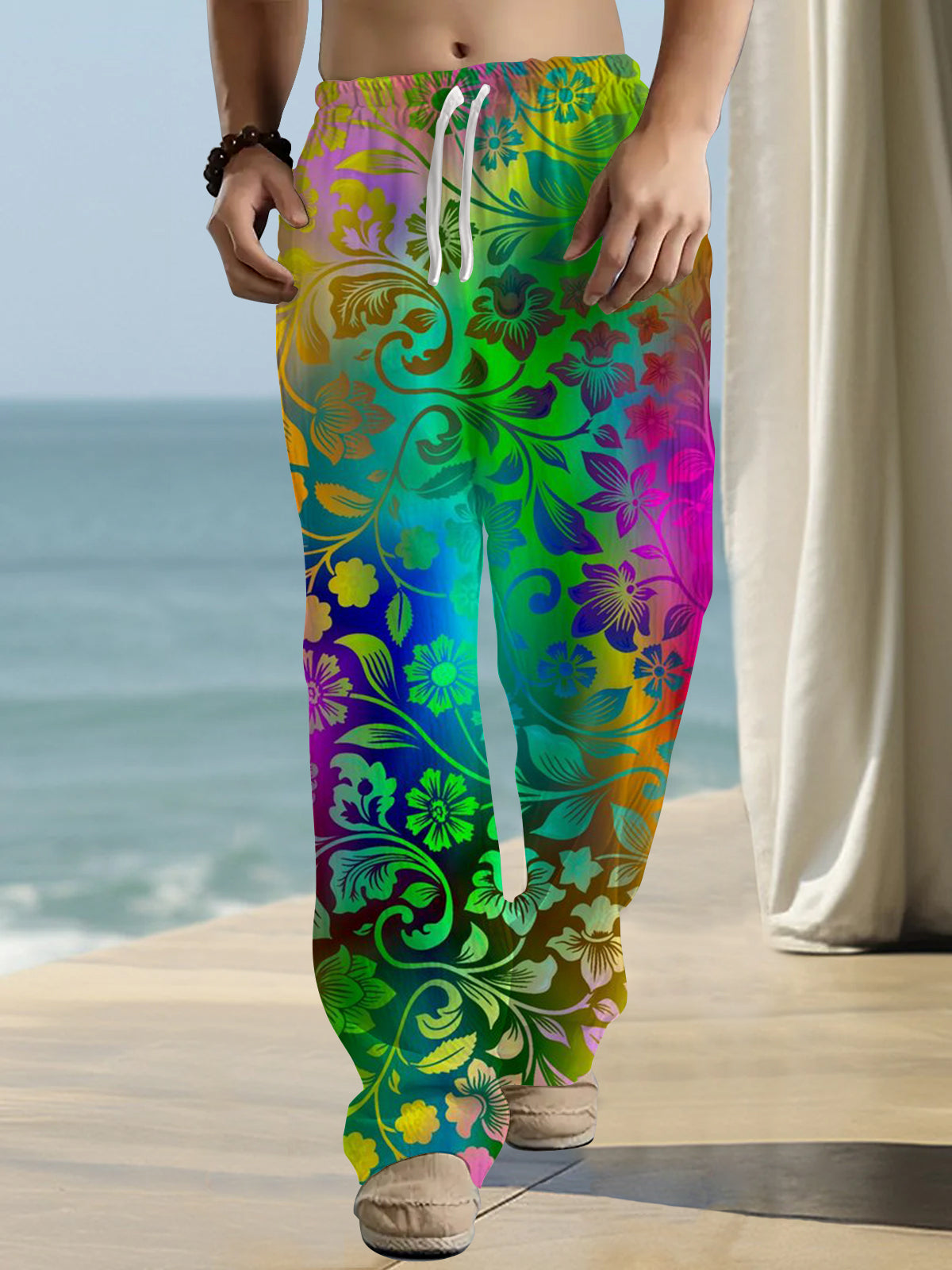 Colorful Floral Print Men's Casual Elastic Waist Pants