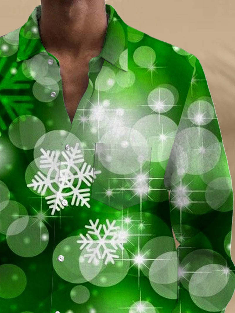 Snowflake Print Long Sleeve Men's Shirts With Pocket