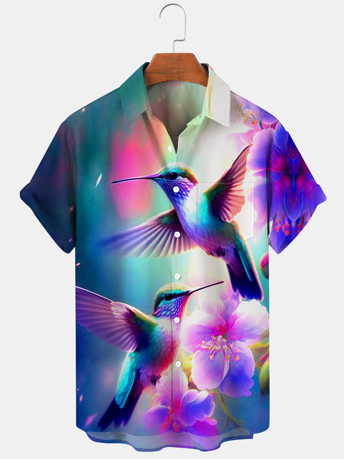 Bird Floral Print Short Sleeve Men's Shirts With Pocket