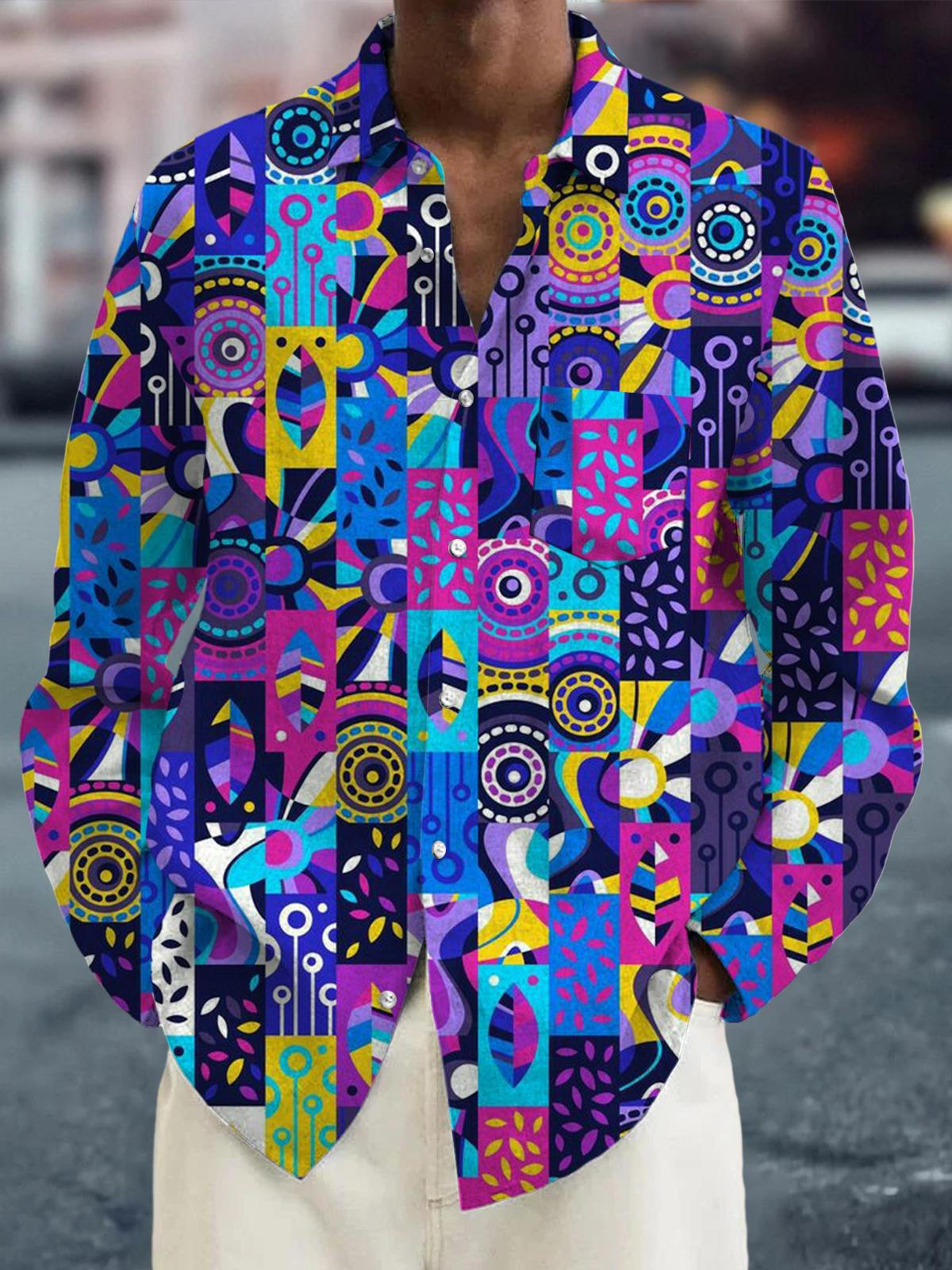 Geometric Patchwork Print Long Sleeve Men's Shirts With Pocket