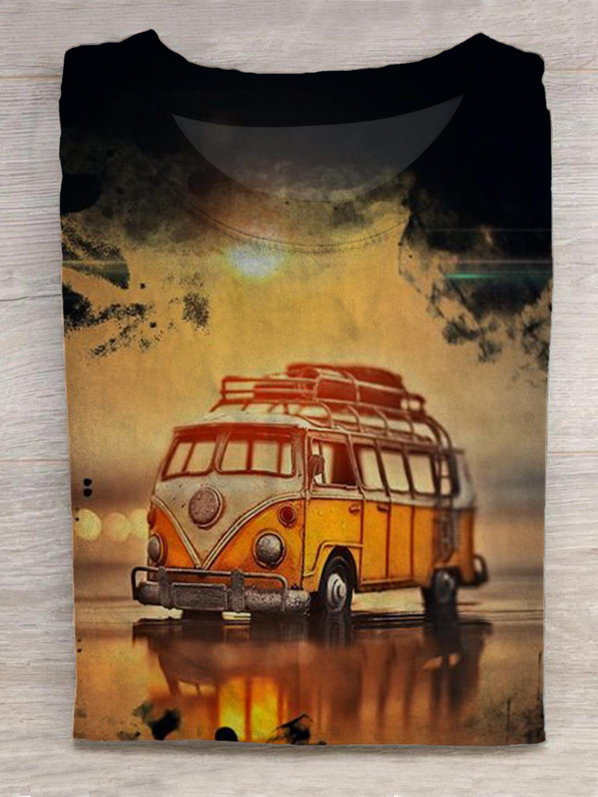 Vintage Car Print Round Neck Short Sleeve Men's T-shirt