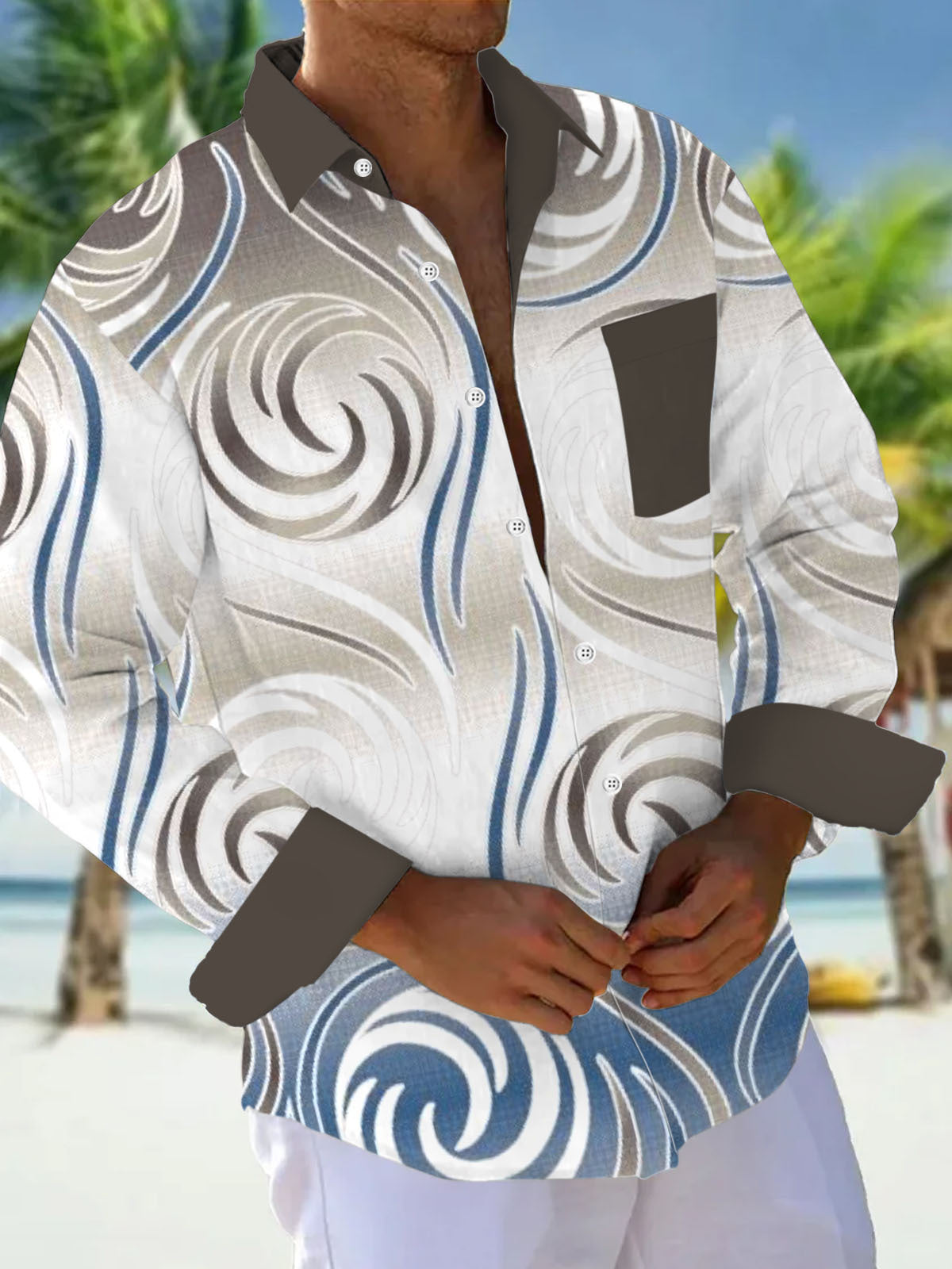 Abstract Geometric Gradient Print Long Sleeve Men's Shirts With Pocket