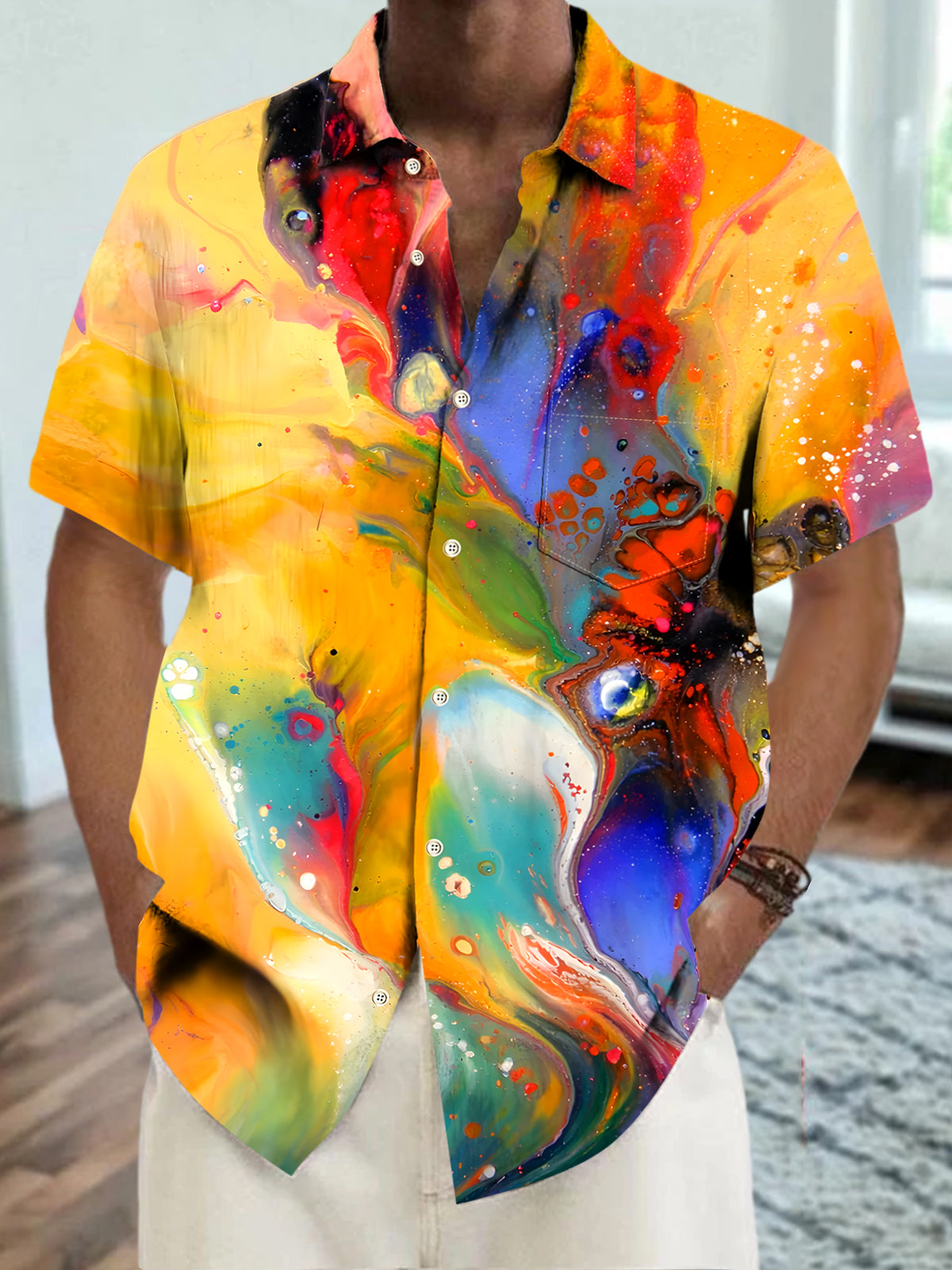 Men's abstract print tie dye short sleeve shirt front view