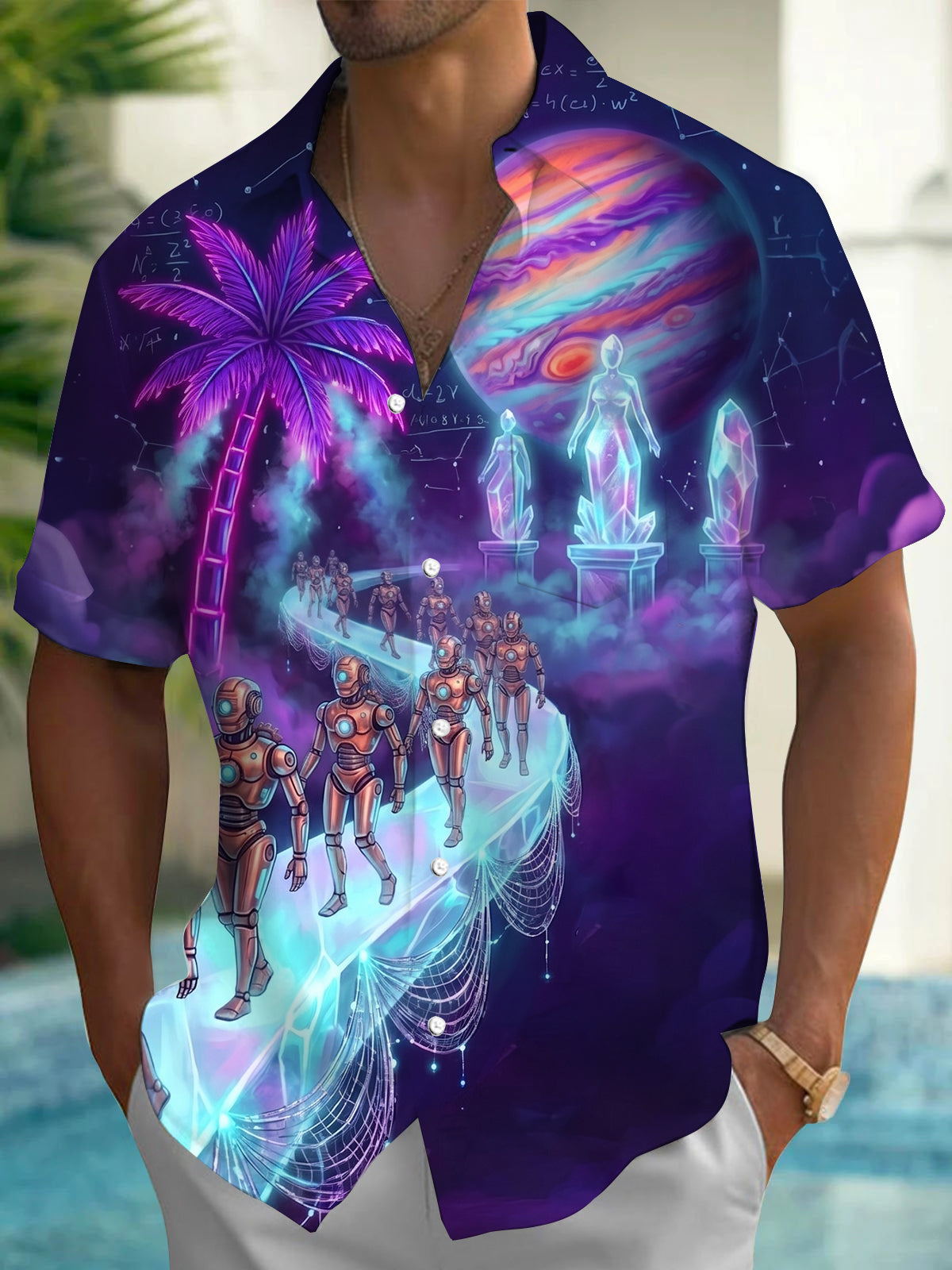 Adaychic Neon Palm Robot Planet Print Men's Pocket Short Sleeve Shirts